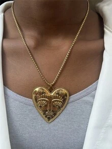 心形太阳脸独特夸张设计吊坠项链，不锈钢首饰配饰 - 人臉項鍊 - 查看 4