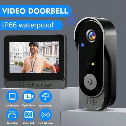 Campainha com câmera, campainha de vídeo, interfone de vídeo sem fio com câmera, à prova d'água IP66, tela colorida de 4,3 polegadas, câmera grande angular HD de 120°, áudio bidirecional, visão noturna, Wi-Fi de 2,4 GHz.
