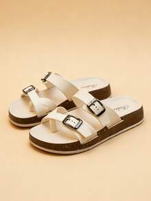 A Pair Of 2026 New Women's Casual Buckle Slippers, Thick Soled Toe Clip On Sandals, Comfortable Beach Women's Shoes - White - View 6