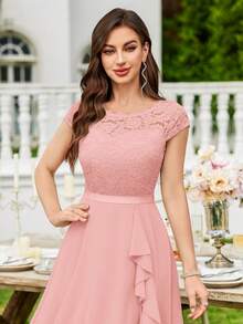 MIUSOL Elegant Solid Color Lace Patchwork Ruffle Hem Cocktail Party Dress Wedding Pink Spring - Pink - View 10