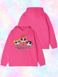 SHEIN X Powerpuff Girls 女士字母印花宽松卫衣，时尚舒适，休闲百搭，适合秋冬季日常穿着。 - 玫紅色 - 查看 1