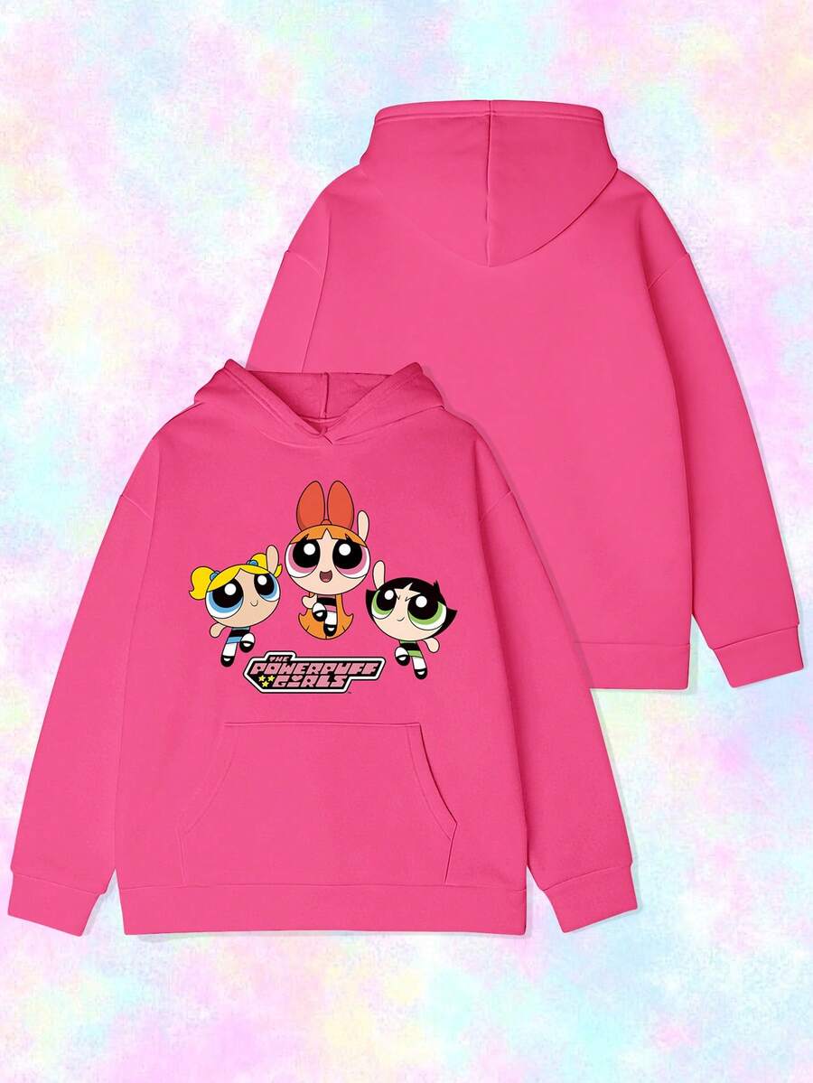 SHEIN X Powerpuff Girls 女士字母印花宽松卫衣,时尚舒适,休闲百搭,适合秋冬季日常穿着。 - 玫紅色 - 查看 1