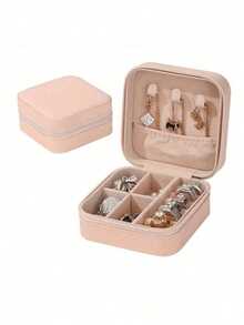 1个粉色首饰盒，迷你PU双层方形便携拉链首饰收纳盒，适用于戒指、耳环、项链，家居装饰，新年礼物，生日/圣诞礼物（送给她），夏季首饰收纳，返校旅行配件，宿舍收纳必备 - 粉色 - 查看 12