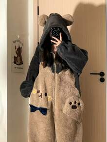 一件可爱小熊连帽珊瑚绒连体衣，女款，舒适保暖，冬季家居服，柔软舒适，长袖小熊图案，适合春秋季穿着，卡通熊耳连帽睡衣，甜美家居服，适合新年、情人节等节日，情人节礼物，女士礼物 - 彩色 - 查看 18