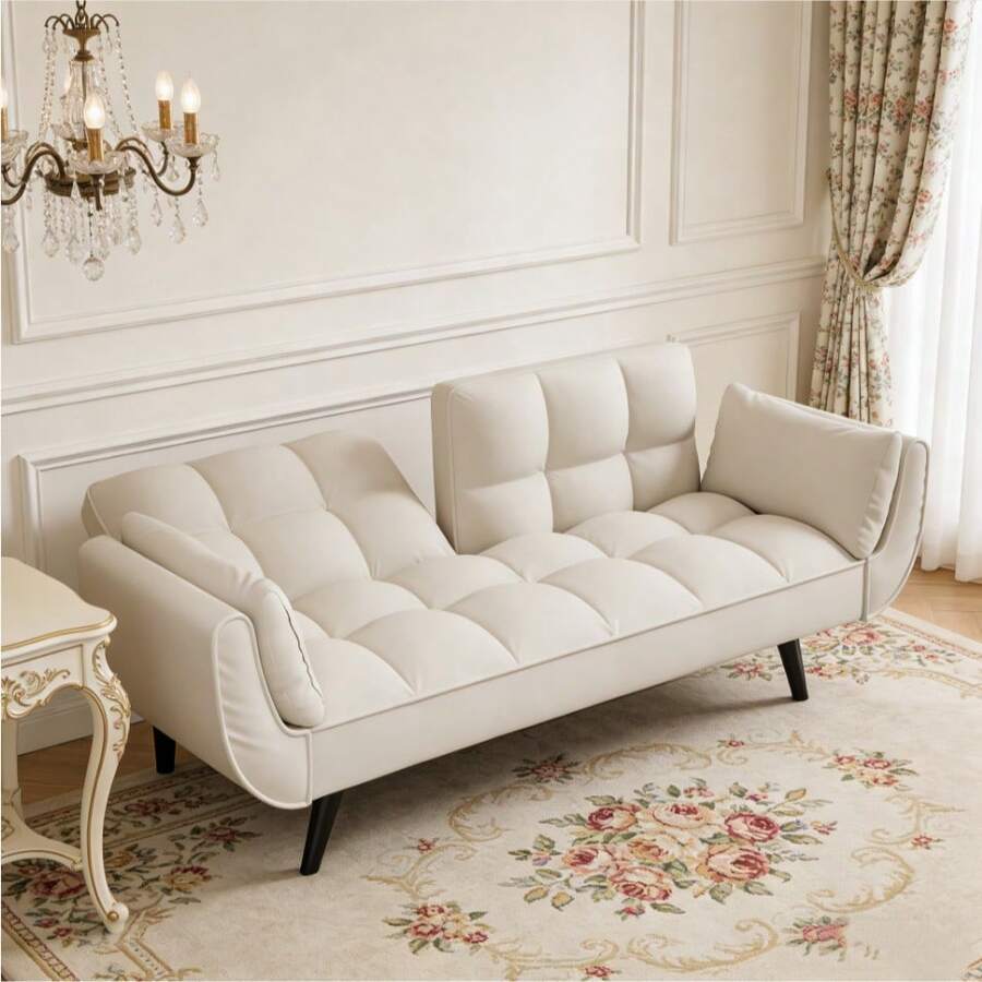 This 74-Inch Living Room Sofa Features Two Soft Armrest Cushions, Offering Comfortable Seating, Easy Assembly, And Is A Multi-Functional Sofa Suitable For Apartments, Bedrooms, And Small Spaces. - Màu be - Xem 1
