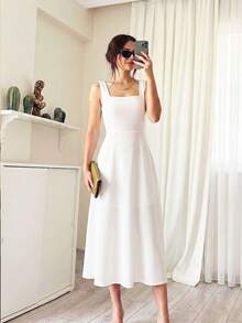 女士纯色休闲方领优雅可爱无袖中长连衣裙 白色 - 白色 - 查看 1