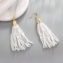 1Pair Retro  Hand-Beaded Earrings, Bohemian Colorful Tassel Seed Bead Jewelry For Women Daily Wear Festival Fashion Accessory - 綠色 - 查看 1