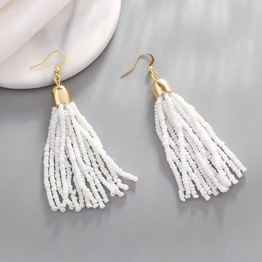 1Pair Retro  Hand-Beaded Earrings, Bohemian Colorful Tassel Seed Bead Jewelry For Women Daily Wear Festival Fashion Accessory - 綠色 - 查看 1