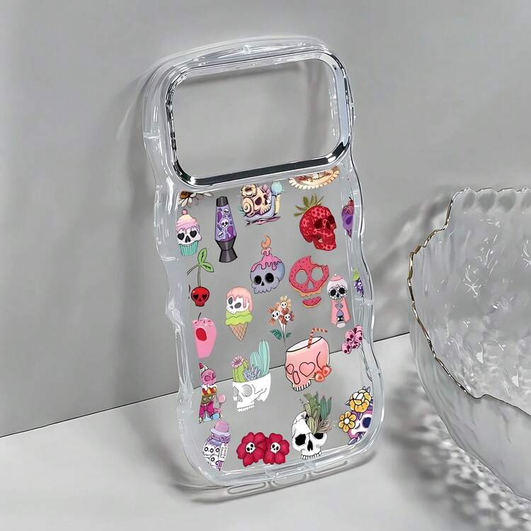 Skull Mobile Phone Case Decorated With Colorful Flowers And Sweet Treats Design Suitable For IPhone 16, 15, 14, 13, 12 And 11 Pro Models Made Of TPU Material And Provides Shockproof Protection Perfect For Family Friends Children Birthdays Spring Holidays Boyfriends Girlfriends And Valentine's Day Gifts - 透明CZ33 - 查看 3