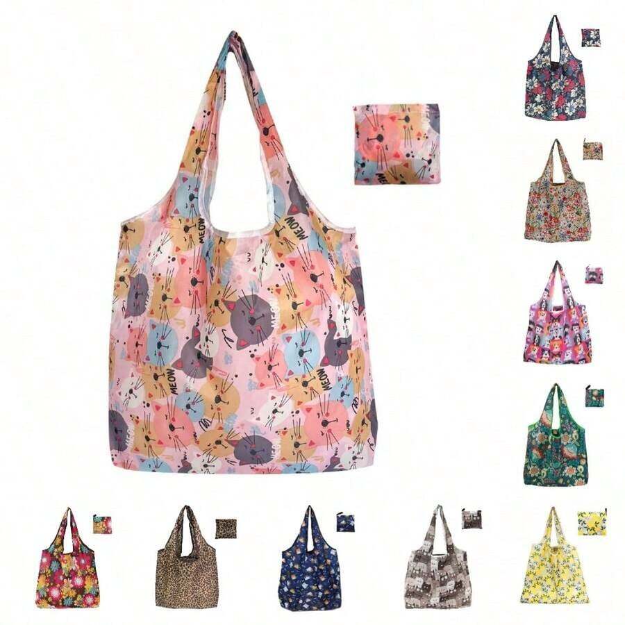 1pc (With Coin Purse Pouch) Fashion Printed Large Capacity Tote Bag, Portable Foldable Tote Bag, Shopping Bag, Shoulder Bag, Reusable Bag - 粉色 - 查看 1
