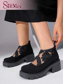 SDEMIN Early Autumn And Winter Daily Wear, Date Travel, Ladies' Temperament, Floral Print Lace Ankle Boots, Back Zipper Square High Heels, Round Toe Boots, And Fashionable Pointed Black Mesh Breathable High Heels - màu đen - Xem 6