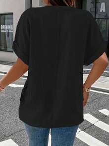 Plus Size Elegant V-Neck Short Sleeve Solid Color Casual Button-Up T-Shirt Top For Women Summer - Black- - View 3