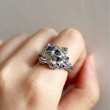 1枚优雅镀银蓝色锆石猫咪戒指，可爱蓝眼睛小猫戒指，适合日常佩戴、珠宝首饰、派对等场合。 - 銀色 - 查看 5