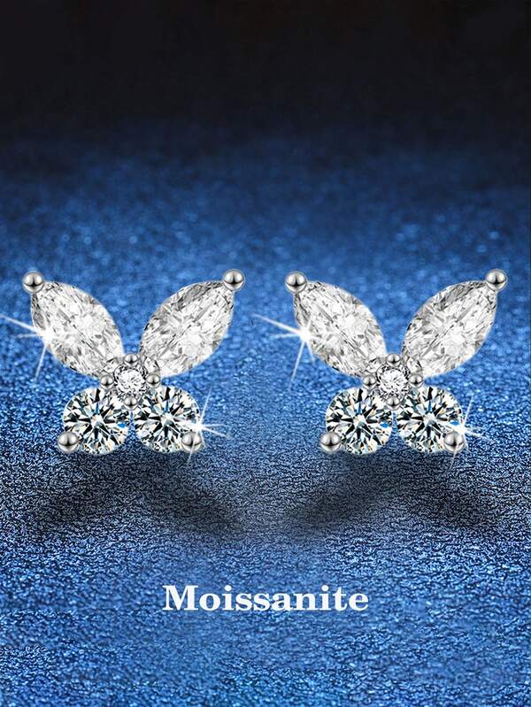 BLOVEMEE 2pcs High-End Fashion 925 Sterling Silver Moissanite 3*6mm Round 1.65ct Butterfly Earrings, Suitable For Women's Daily Wear, Party, Valentine's Day, Mother's Day, Women's Silver Jewelry, Birthday, Wedding Anniversary Jewelry Gift