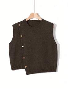 1 chiếc áo vest len ngắn tay màu trơn cổ tròn, thiết kế bất đối xứng với khuy cài, kiểu dáng thời trang, không tay, thích hợp mặc mùa hè. - Cà phê nâu - Xem 8