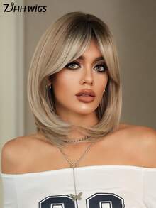 7JHH WIGS Tóc giả bob ngắn ngang vai màu vàng nhạt cho nữ, kiểu tóc thẳng ngắn tỉa lớp với mái rẽ, chân tóc tối màu, chất liệu sợi tổng hợp chịu nhiệt, thích hợp cho các bữa tiệc hàng ngày, các ngày lễ, lễ hội âm nhạc, quà tặng tốt nghiệp và quà tặng cho mẹ, phụ kiện tóc giả dài 14 inch. - Vàng lanh - Xem 2
