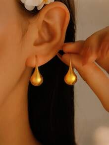 1 par de pendientes de botón minimalistas de acero inoxidable con forma de gota de agua para mujeres - Amarillo Oro - Ver 1