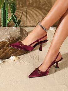 On feet& in love Women's Elegant Satin Backstrap Pointed Toe Metal Chain Buckle High Heel Pumps, Suitable For Dresses And Weddings - Burgundy - View 3