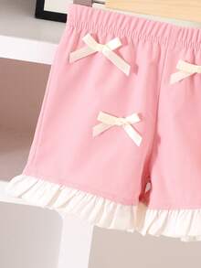 2pcs/Set Baby Girls' Sweet Cute Bow Collar Sleeveless Top + Shorts Set, Summer - Watermelon Pink - View 4