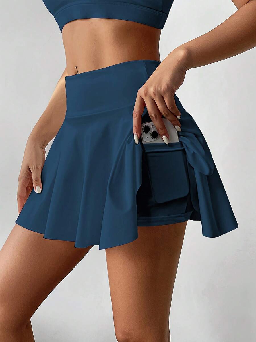高腰白色网球裙裤，二合一防闪光高尔夫/羽毛球/健身短裙，带口袋，夏季运动裙裤，适合瑜伽、户外跑步，新款女装 - 水鴨藍 - 查看 1