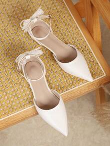 女士时尚尖头白色珍珠蝴蝶结玛丽珍休闲平底鞋，镂空凉鞋，春夏款 - 白色 - 查看 5