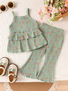 2pcs Baby/Toddler Girls' Cute Fresh Green Floral Print Camisole Ribbed Top + Pants Set, Spring/Summer, Nature Style - Green - View 3