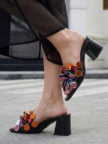Women's Shiny Black Sequin Flower Decor Block Heel 5cm Block Heel Sandals, Summer European And American Style Party Evening Gold Glitter Rhinestone Square Thick Heel Slides - Black - View 4