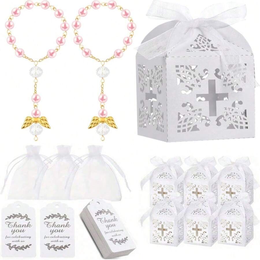 200 颗迷你念珠，含礼盒、欧根纱袋和牛皮纸感谢卡，适合洗礼回礼、天主教初领圣体、婚礼派对装饰 - 彩色 - 查看 1