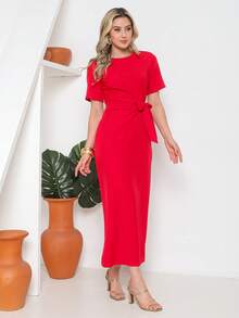 Novo Vestido Longo de Verão com Manga Curta e Cinto Central 2026 - Vermelho - Visão 5