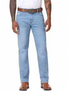 Men's Regular Fit Stretch Jeans Straight-Leg Vintage Washed Casual Denim Pants Comfort Classic Urban Streetwear - 淺色水洗藍 - 查看 3