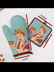 1 Set Including 1 Pair Heat Resistant Gloves And 1 Piece Heat Resistant Mat, Made Of Polyester Fiber, Cartoon Pattern, Home/Kitchen Oven Gloves, Baking Gloves With Heat Resistant Mat, Thanksgiving, Halloween Protection Set - Multicolor - View 4