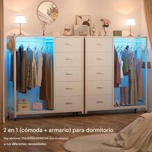 Cómoda con perchero, cómoda con 5 cajones de tela y perchero para ropa, cómoda de madera con superficie superior, estación de carga y luces LED, ruedas con bloqueo, ideal para el armario - Blanco - Ver 3