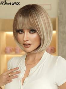 7JHH WIGS 女士短款亚麻金挑染灰色波波头假发，短直发带刘海，全机织耐热假发，适合日常派对、音乐节庆典和角色扮演等场合佩戴，12英寸 - 亞麻金 - 查看 6