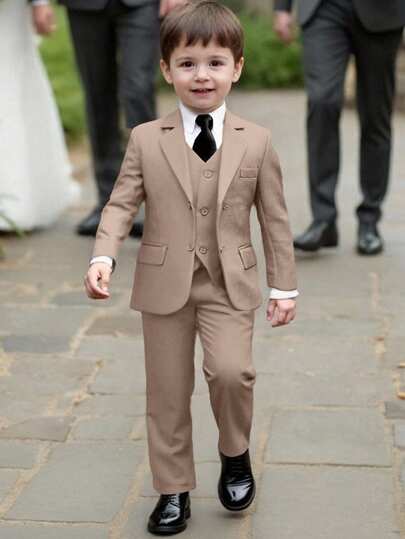 3-10 Years Old Boys 5-Piece Suit Set, Toddler Tuxedo Formal Outfit, Includes Jacket, Vest, Pants, Shirt, Tie, Suitable For Birthday Party, Wedding, Anniversary - Champagne Color