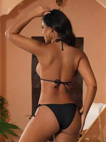 New Soft Spaghetti Straps Halter Open Back Shell Decor Swimwear Set Vacation Beach Black Summer - Black - View 3