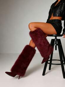 Furry Fluffy Knee High Boots For Women Faux Fur Winter Snow Boots Pointed Toe Stiletto High Heels Sexy Warm Shoes Christmas Party - 酒紅色絨面革 - 查看 2