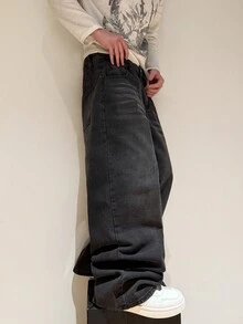 Hearty Haven 男士休闲宽松直筒水洗牛仔裤（不含腰带或配饰） - 黑色 - 查看 5