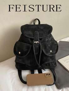 新款秋冬多口袋抽绳背包，轻便学生背包，适合日常出行、约会、通勤和上学。 - 黑色 - 查看 5