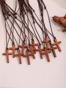 ZIRUISP 1/2/4/6/12pcs Handmade Wooden Cross Pendant Necklace, Suitable For Men And Women, Christian Jewelry With Adjustable Black Cord, Perfect Faith Gift For Believers - Wooden Cross Wax Rope Necklace - View 19