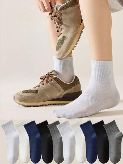 Men's Mid-Calf Athletic Socks, 10 Pairs/5 Pairs Per Pack, Solid Color Socks, Cute Socks, Black Socks, Comfortable And Lightweight, Soft And Smooth, Suitable For Various Holidays, Sports, Leisure, Business And Other Daily Wear, Can Be Worn All Year Round, Classic Style, Easy To Match With Various Colors.