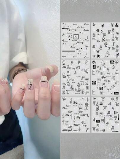 6 stuks ZMAOY zwart-witte Engelse letter nagelstickers, zelfklevend, asymmetrisch lijnontwerp, veelzijdige dagelijkse doe-het-zelf decoratie, geschikt voor nagelkunst en nagelbenodigdheden