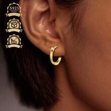 S925银黑色树脂圆形简约女士耳环 - 金色 - 查看 2