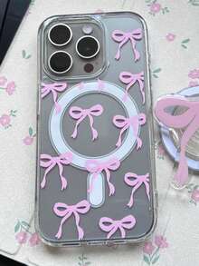 1pc Transparent Magnetic Phone Case With Pink Bow Design, Couples/Valentine's Day Phone Case, Fits For IPhone 17 Pro Max/16 Pro Max/15 Pro Max/13/15/16/17 Pro/14/11, Fashionable Transparent Pink Bow Magnetic Phone Protective Cover - Clear - View 6