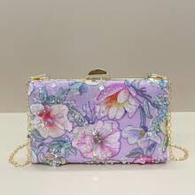 亮片刺绣花卉手拿包，女士时尚亮片拼接手提包，派对晚宴包，随机裁剪，适合女性，适合派对、婚礼、舞会、度假等场合。是派对、婚礼、舞会、晚宴/庆典活动的理想之选，可搭配节日派对礼服、晚礼服和亮片连衣裙。闪亮亮片手提包，女士优雅之选。 - 紫丁香色 - 查看 9