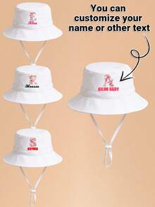 1pc Kids White & Pink Rose Letter Graphic Bucket Hat With Drawstring, Customizable 26 Letters, Can Customize Name, Birthday, Family Text, Fashionable Soft Delicate Lightweight Sun Protection, Practical Gift For Birthday And Holidays, Suitable For Boys And Girls Outdoor, Fishing, Hiking, School In Spring And Summer - White - View 1