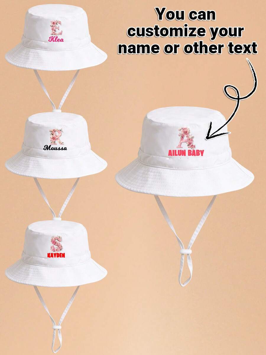1pc Kids White & Pink Rose Letter Graphic Bucket Hat With Drawstring, Customizable 26 Letters, Can Customize Name, Birthday, Family Text, Fashionable Soft Delicate Lightweight Sun Protection, Practical Gift For Birthday And Holidays, Suitable For Boys And Girls Outdoor, Fishing, Hiking, School In Spring And Summer - White - View 1