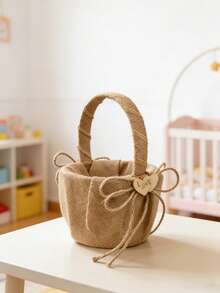 1PC Burlap Wedding Flower Girl Basket Double Heart And Bowknot For Vintage Rustic Wedding Baby Shower Party - Multicolor - View 4