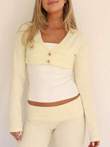 Ultra Cropped Long Sleeve Top For Women V Neck Button Front Coquette Style Casual Streetwear Crop Top - 白色 - 查看 2