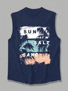 1件男士夏季休闲椰树撞色印花圆领背心 - 藏蓝色 - 查看 3