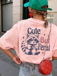 女士新款简约可爱图案休闲度假风宽松百搭圆领短袖T恤，时尚日常上衣，适合日常度假穿着。女士新款夏季活力少女风浣熊印花宽松粉色T恤。适合情人节、开学季、教师节等节日穿着。字母印花短袖T恤，柔软宽松舒适，高端街头风休闲百搭短袖上衣 - 粉色 - 查看 2